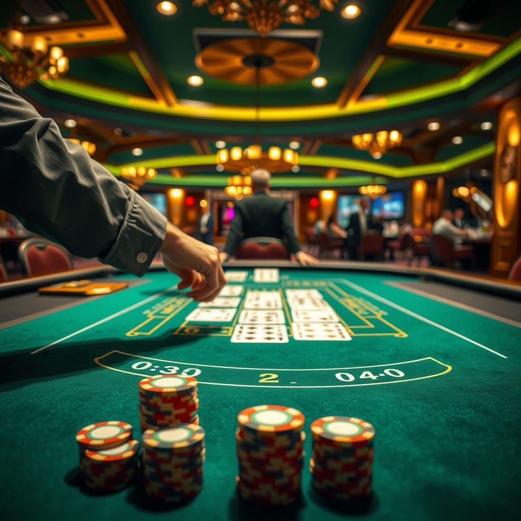 Tavolo verde da casinò con carte e fiches, giochi live nei casino non AAMS