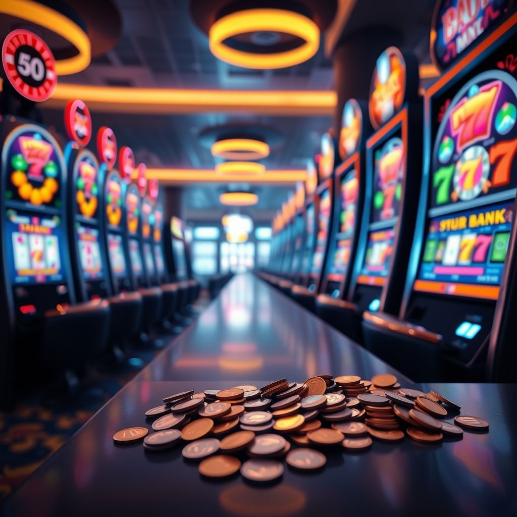 Fila di slot machine illuminate con monete, catalogo dei migliori casino online non AAMS