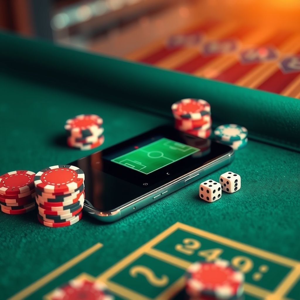 Smartphone con campo da calcio e fiches su un tavolo verde, i migliori siti scommesse non AAMS